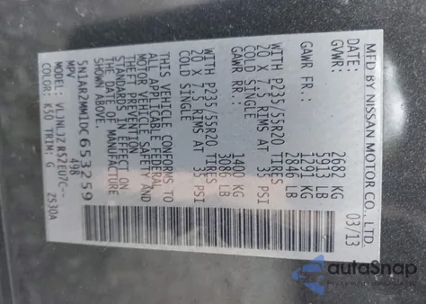 2013 Nissan Pathfinder Platinum z USA, uszkodzony, nr VIN 5N1AR2MM1DC653259